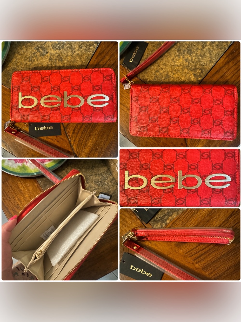 bebe Red Signature Zip Wallet with Wrist Strap